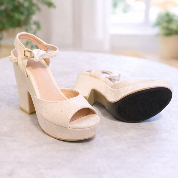 Open Toe Platform Heels | NEW | Royal Blue, Cream & Black | Chunky Heel - Picture 7 of 10